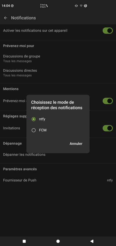 Sélection de ntfy dans l'application Matrix